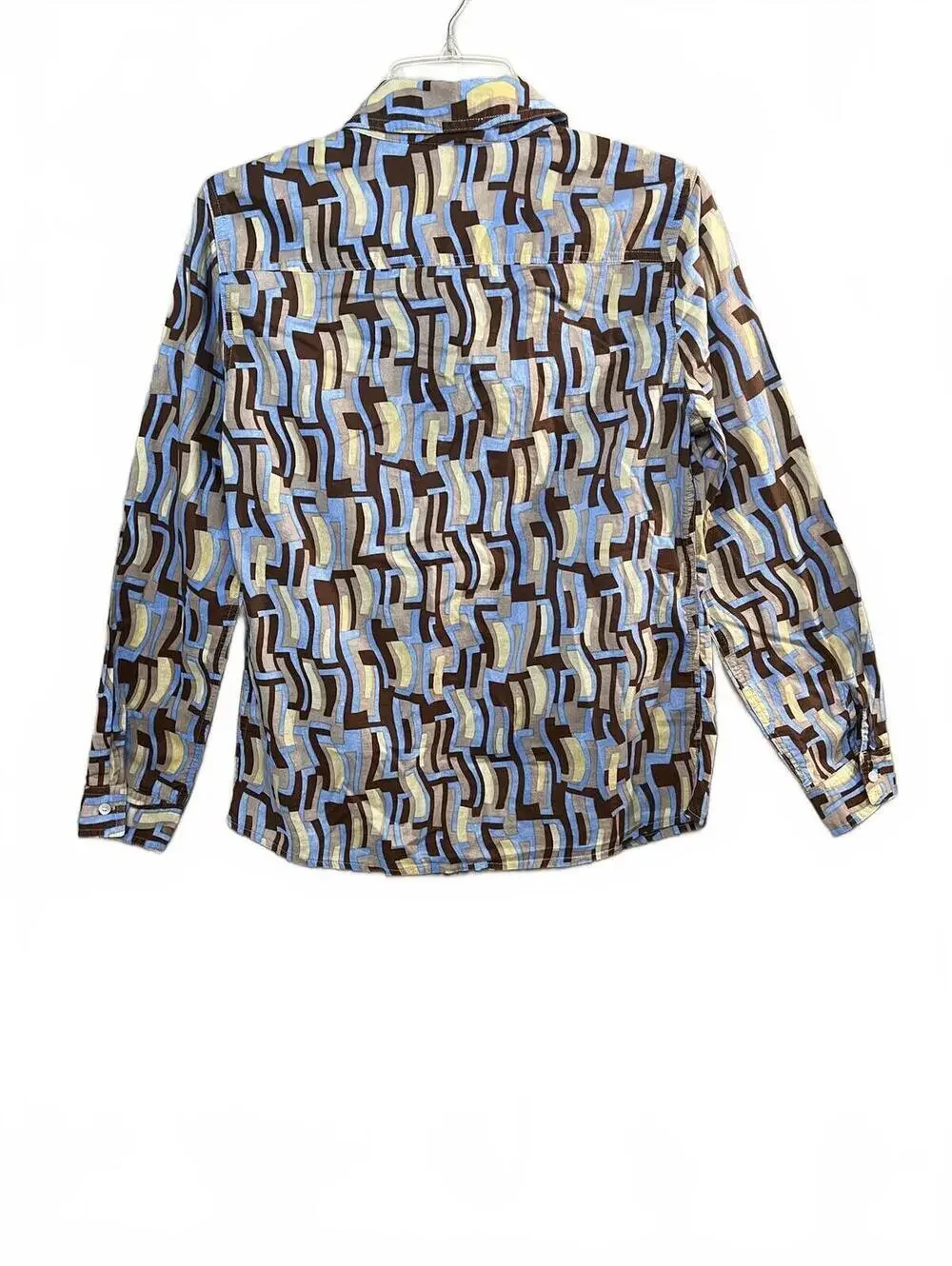 J. McLaughlin Printed Cotton Top Abstract Art Retro Blue & Brown Button Up Small - Picture 7 of 10